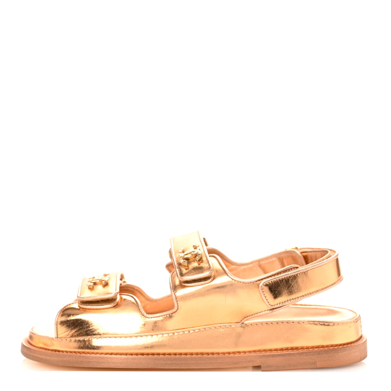 Chanel Metallic Laminated Calfskin Velcro Dad Sandals 36 Golden