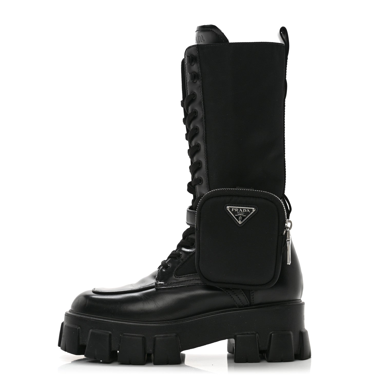 Prada Vitello Lux Nylon Metal Triangle Logo Monolith Pouch Pocket 55mm Tall Combat Boots 38.5 Black 1 of 11