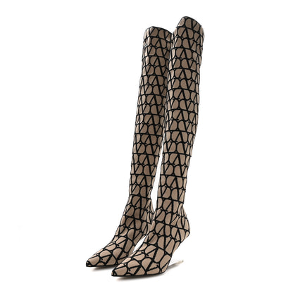 Valentino Garavani Toile Iconographe Calfskin Vlogo Over the Knee 70mm Boots 37.5  Naturale Nero 3 of 6