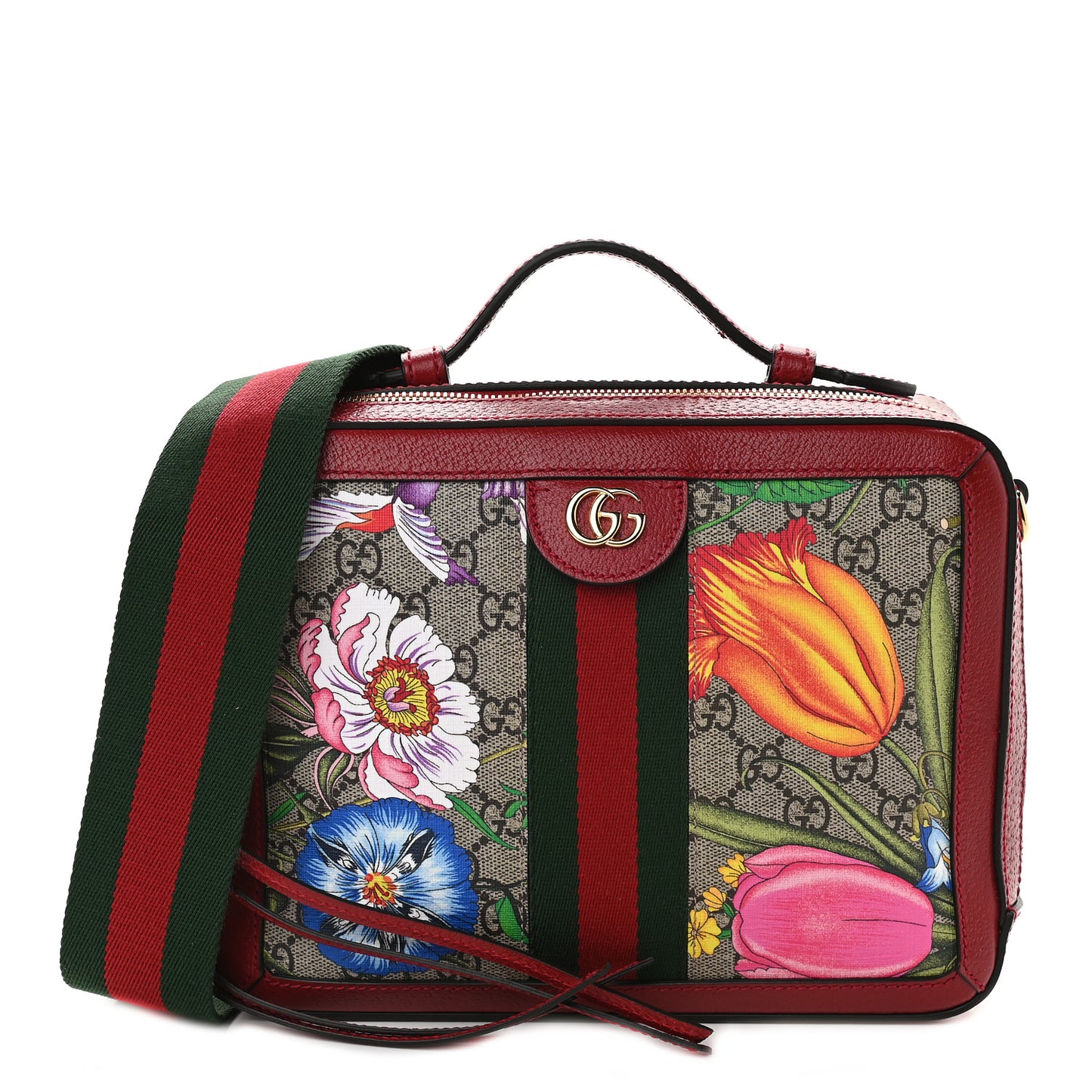 GG Supreme Monogram Flora Web Small Ophidia Top Handle Shoulder Bag Hibiscus Red