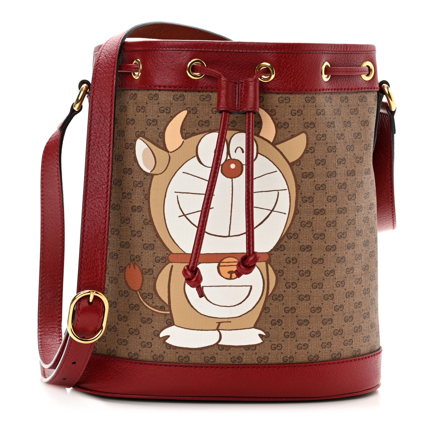 X DORAEMON Vintage GG Supreme Monogram Small Bucket Bag Beige Cherry Red