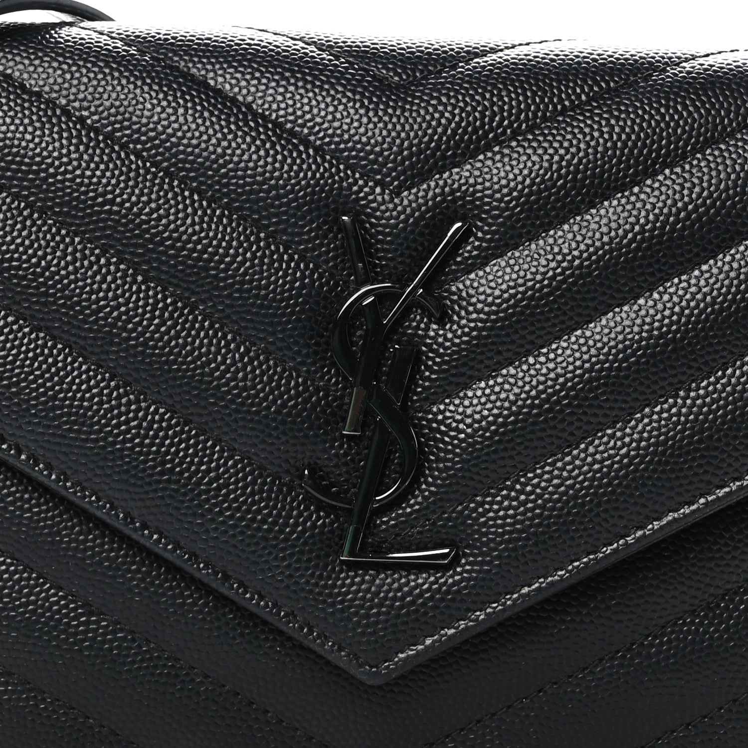 Saint Laurent Grain De Poudre Matelasse Chevron Monogram Monochrome Envelope Chain Wallet Black 7 of 9