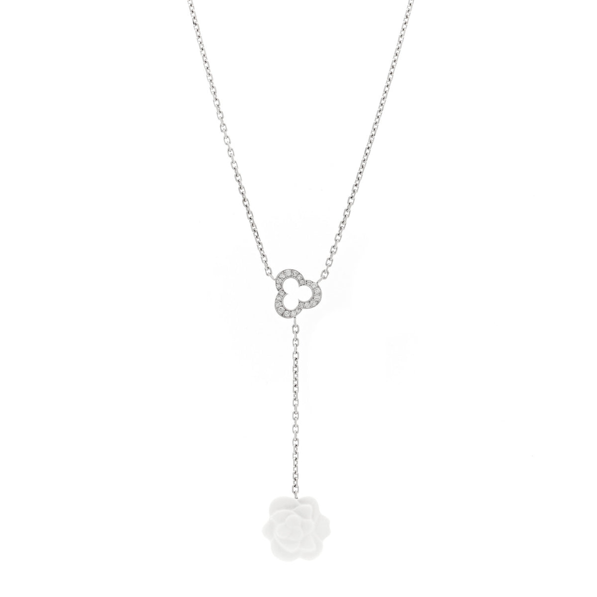 Chanel 18K White Gold Diamond Agate Camelia Sculpte Pendant Necklace 1 of 5