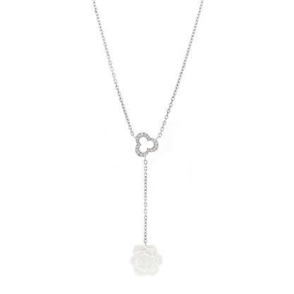 Chanel 18K White Gold Diamond Agate Camelia Sculpte Pendant Necklace 1 of 5