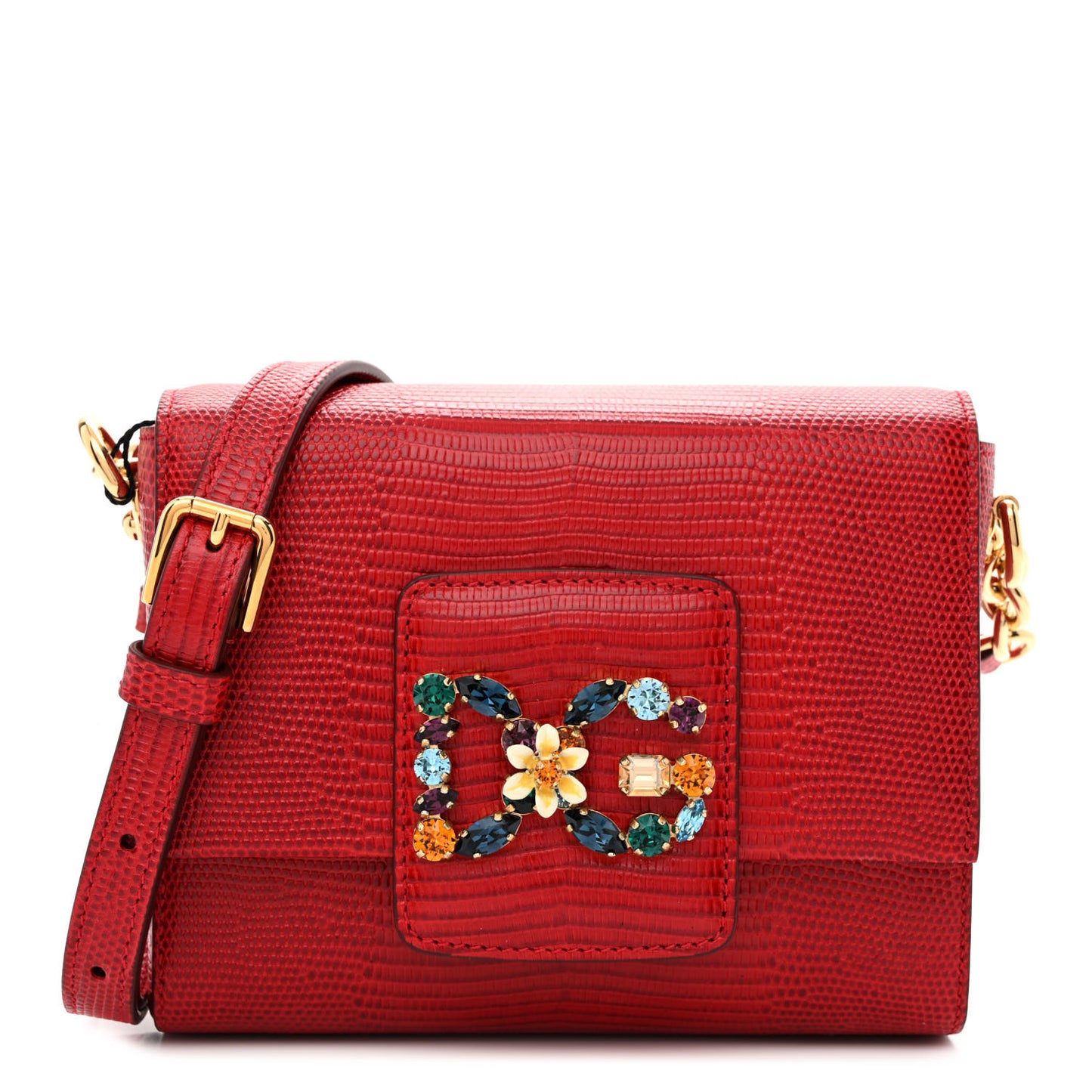 Lizard Embossed Crystal Embellished DG Millennials Mini Crossbody Bag Red