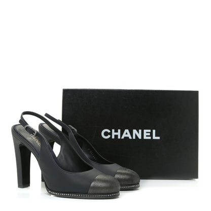 Chanel Crystal Cap Toe Slingback Pumps 38.5 Marine Gris Fonce 17 of 17