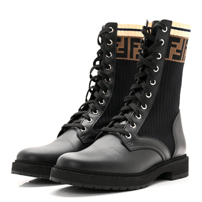 Fendi Calfskin Stretch Fabric Rockoko Biker Boots 38.5 Tobacco Black Marino 3 of 8