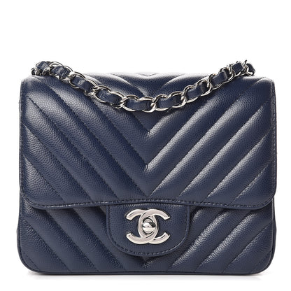 Chanel Caviar Chevron Quilted Mini Square Flap Dark Blue 1 of 11