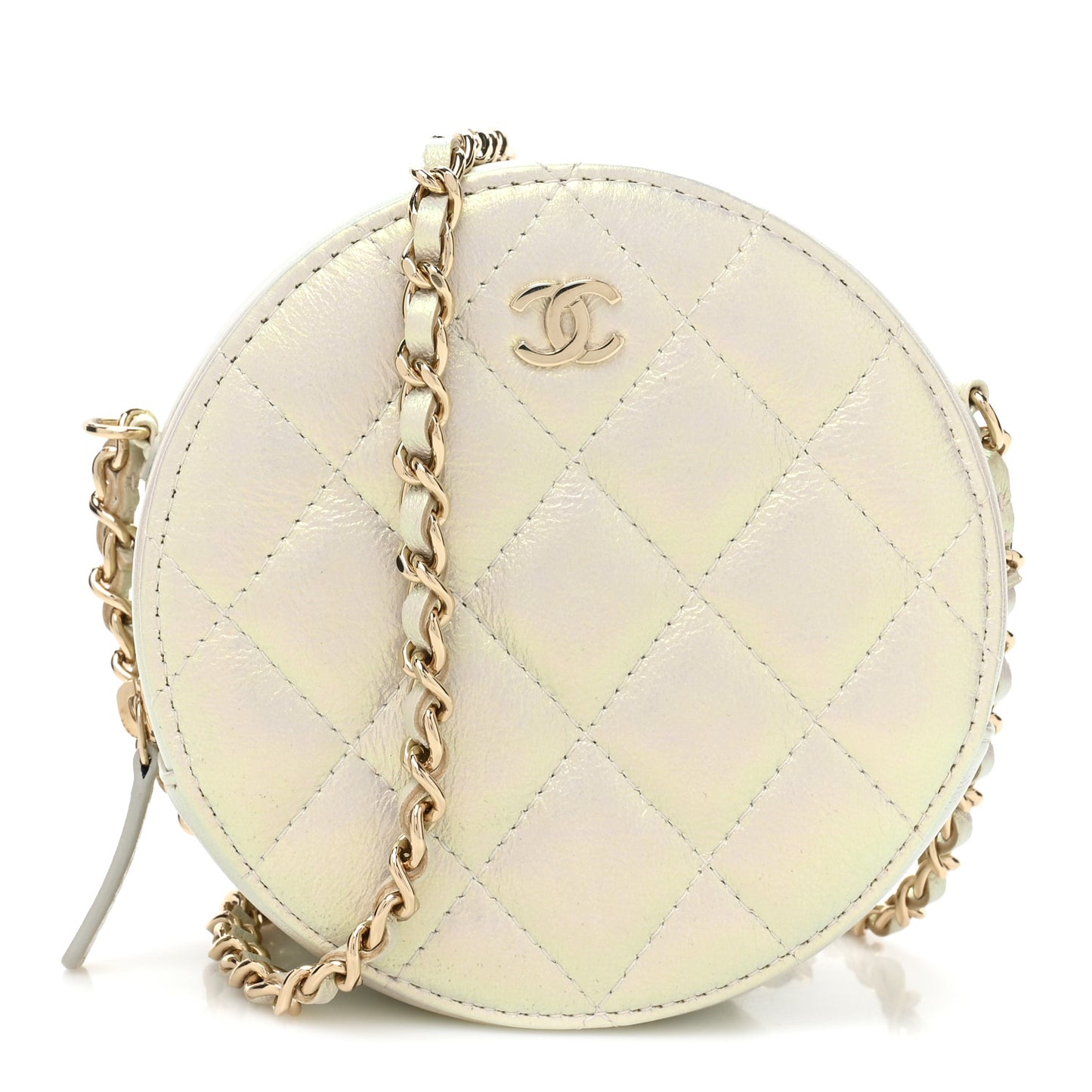 Iridescent Lambskin Quilted Round Clutch With Chain Ivory