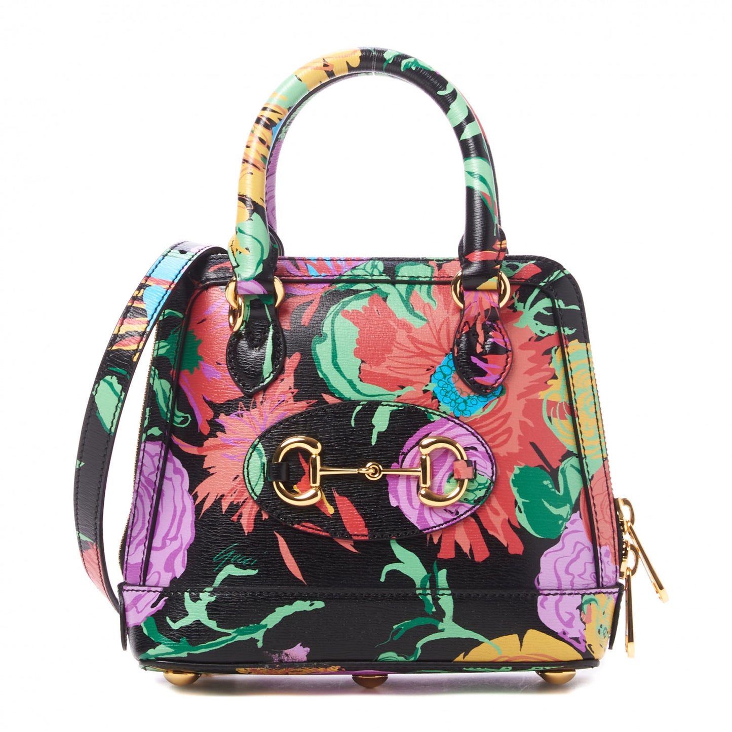 X KEN SCOTT New Shangai Calfskin Jenny Floral Print Mini Horsebit 1955 Top Handle Bag Black Pink