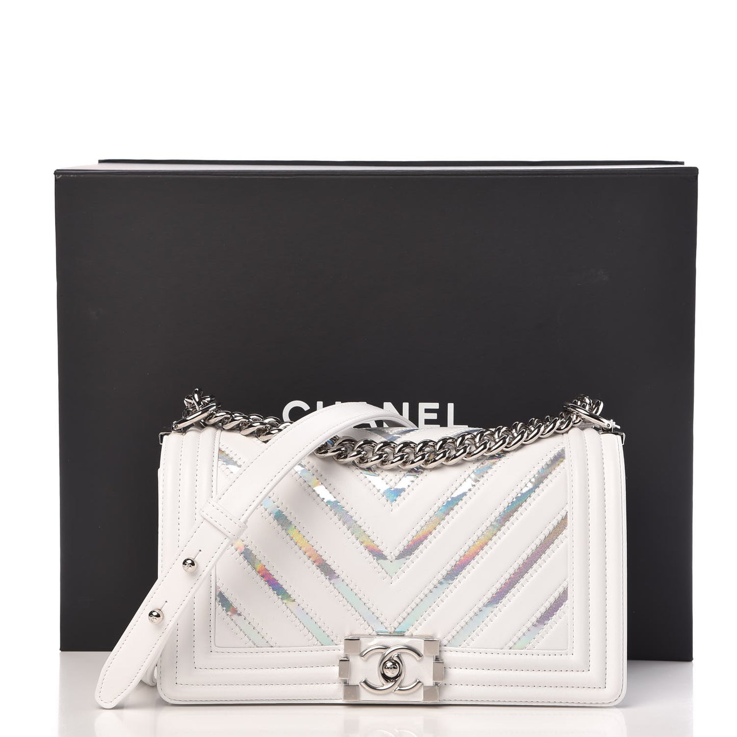 Lambskin Iridescent PVC Chevron Quilted Medium Boy Flap White Silver