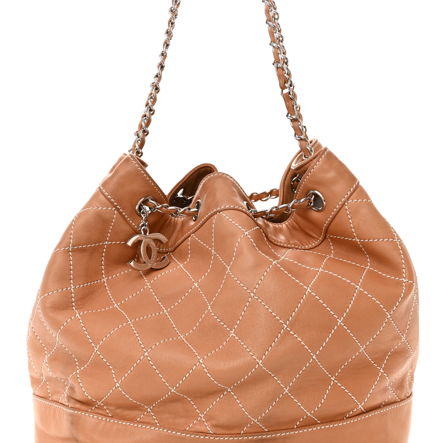 Lambskin Contrast Stitch Large Drawstring Tote Dark Beige