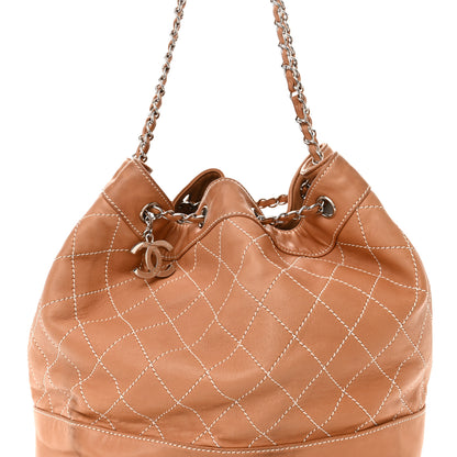 Chanel Lambskin Contrast Stitch Large Drawstring Tote Dark Beige 8 of 12