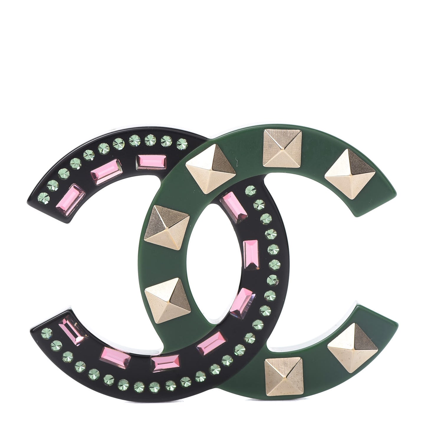 Resin Crystal Studded CC Brooch Green Multicolor