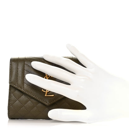 Saint Laurent Grain De Poudre Mixed Matelasse Triquilt Monogram Compact Tri Fold Wallet Military Olive 2 of 9