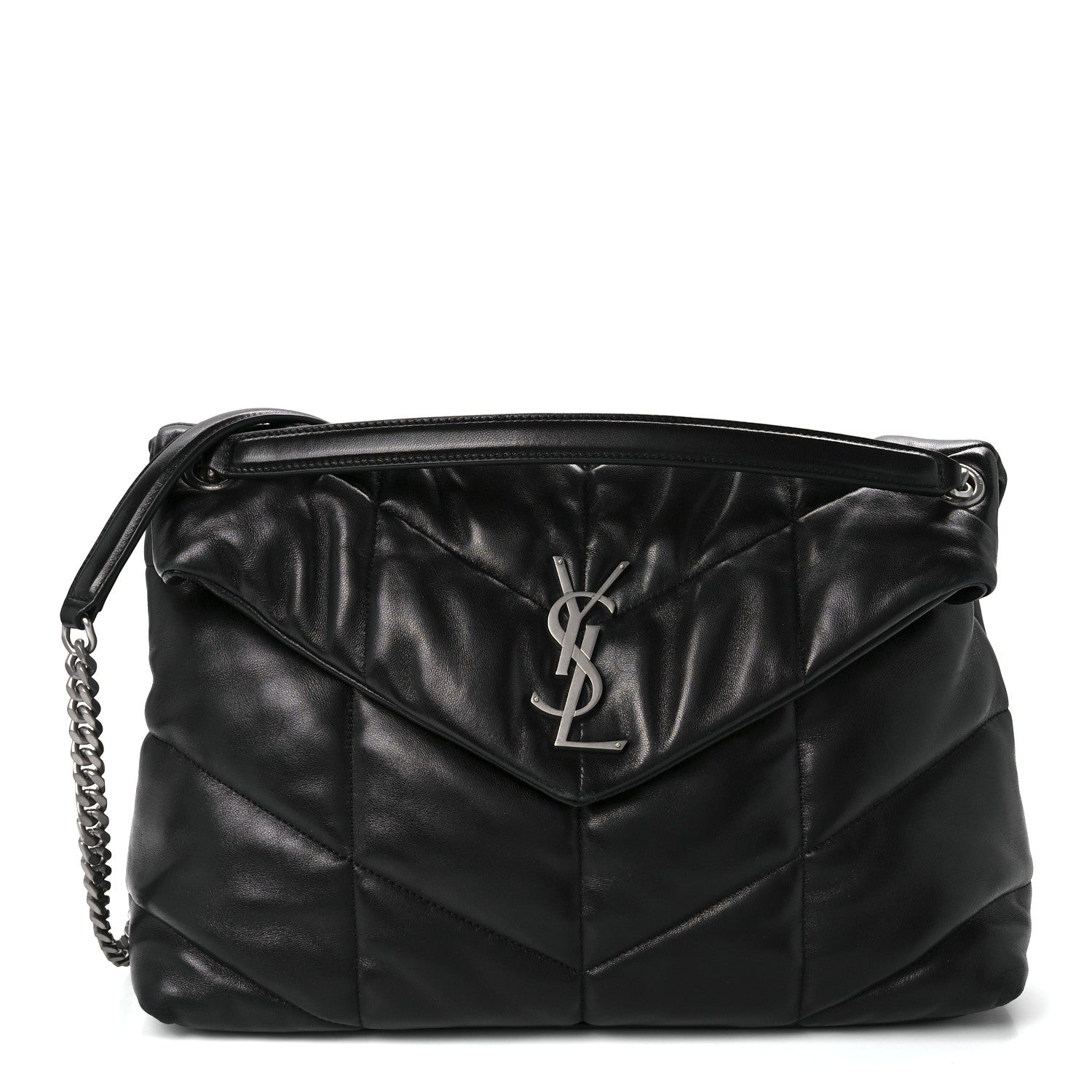 Saint Laurent Lambskin Quilted Medium Loulou Puffer Monogram Chain Satchel Black 1 of 12