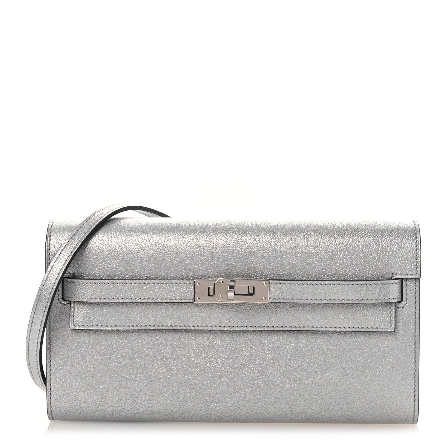 Hermes Metallic Chevre Chamkilight Kelly Wallet To Go Argent 1 of 12