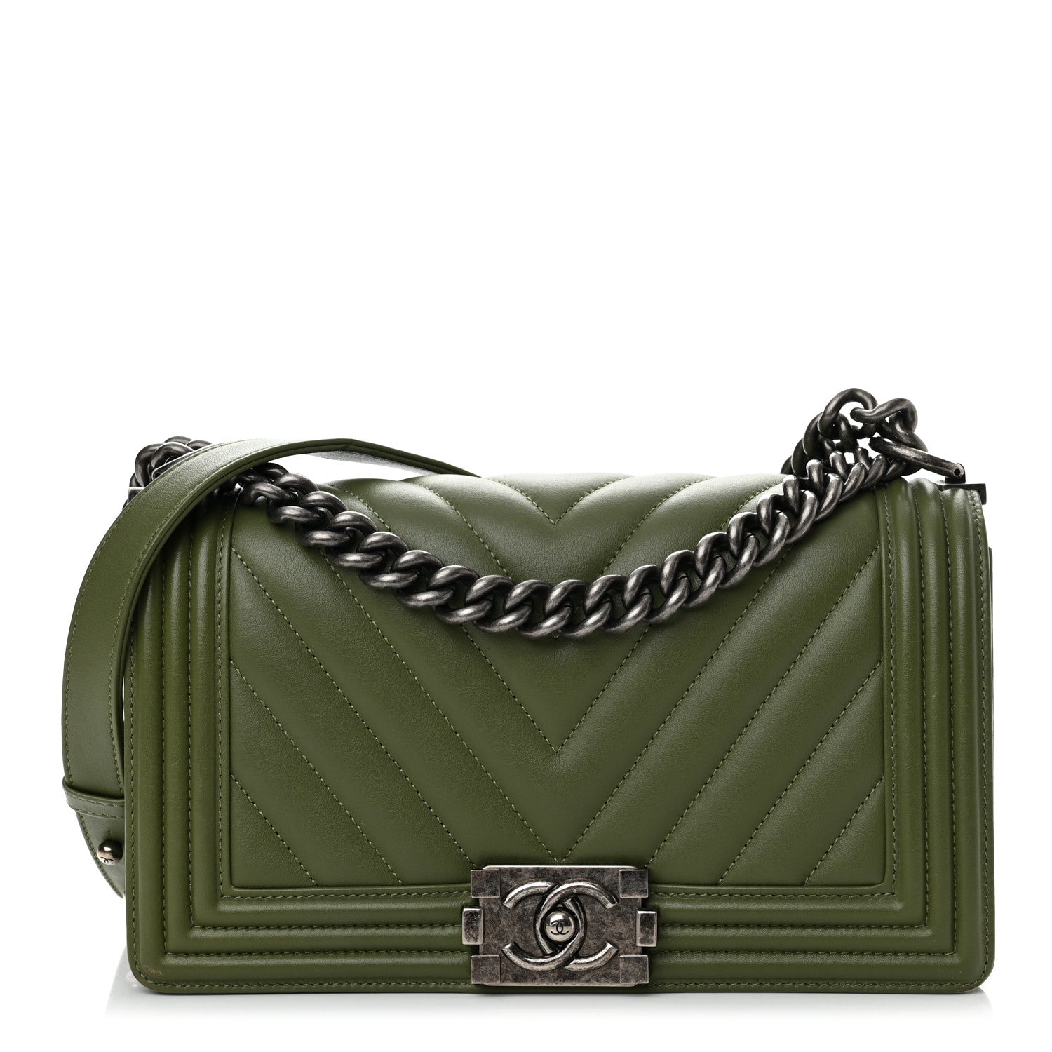 Chanel Calfskin Chevron Quilted Medium Boy Flap Dark Green 1 of 10