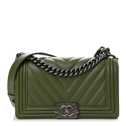 Chanel Calfskin Chevron Quilted Medium Boy Flap Dark Green 1 of 10