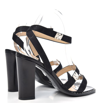 Louis Vuitton Satin Mini Monogram Heeled Sandals 38.5 Black 4 of 10
