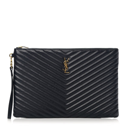 Saint Laurent Calfskin Matelasse Chevron Monogram Document Holder Marine 1 of 9