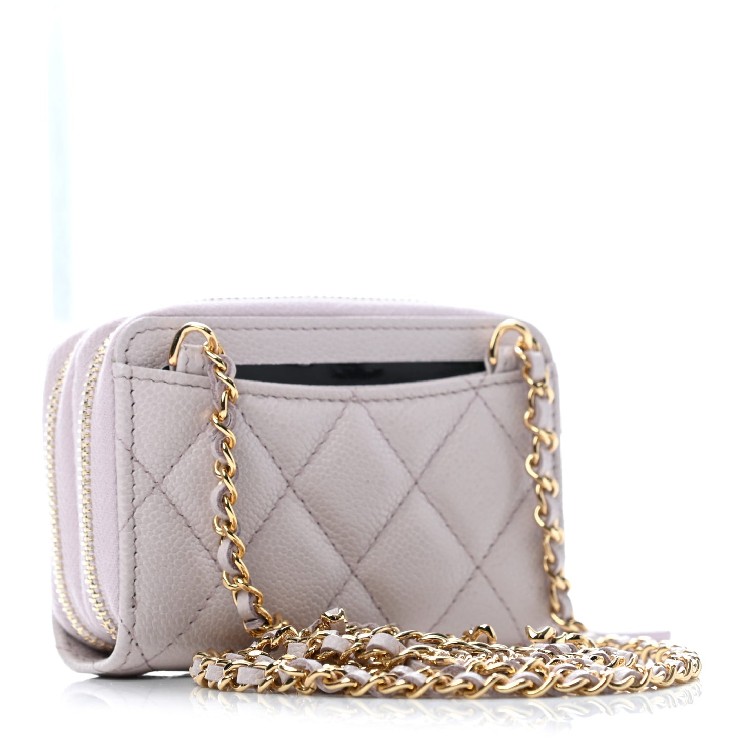 Caviar Quilted Miss Coco Zip Card Holder On Chain Light Pink