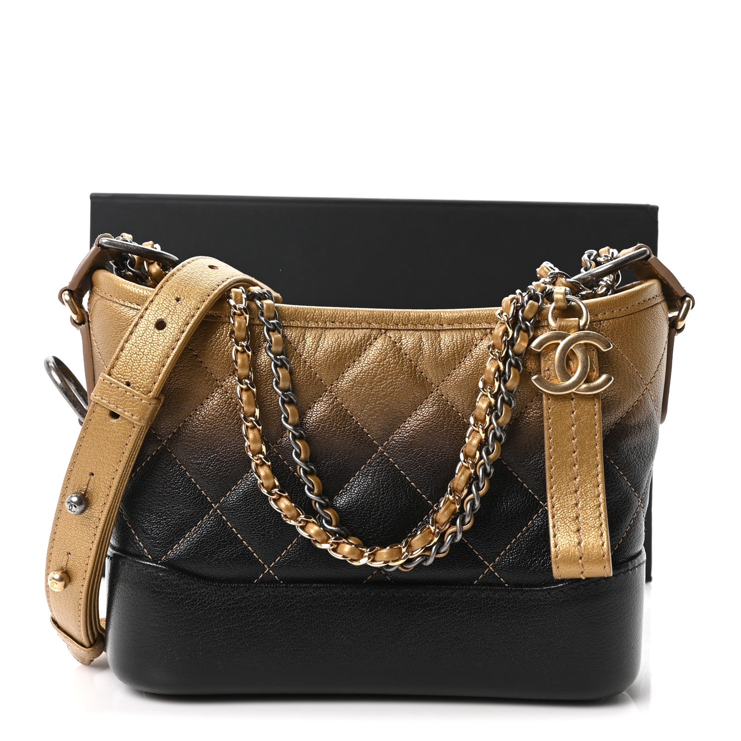 Chanel Metallic Goatskin Quilted Small Gabrielle Hobo Gold Black 11 of 11