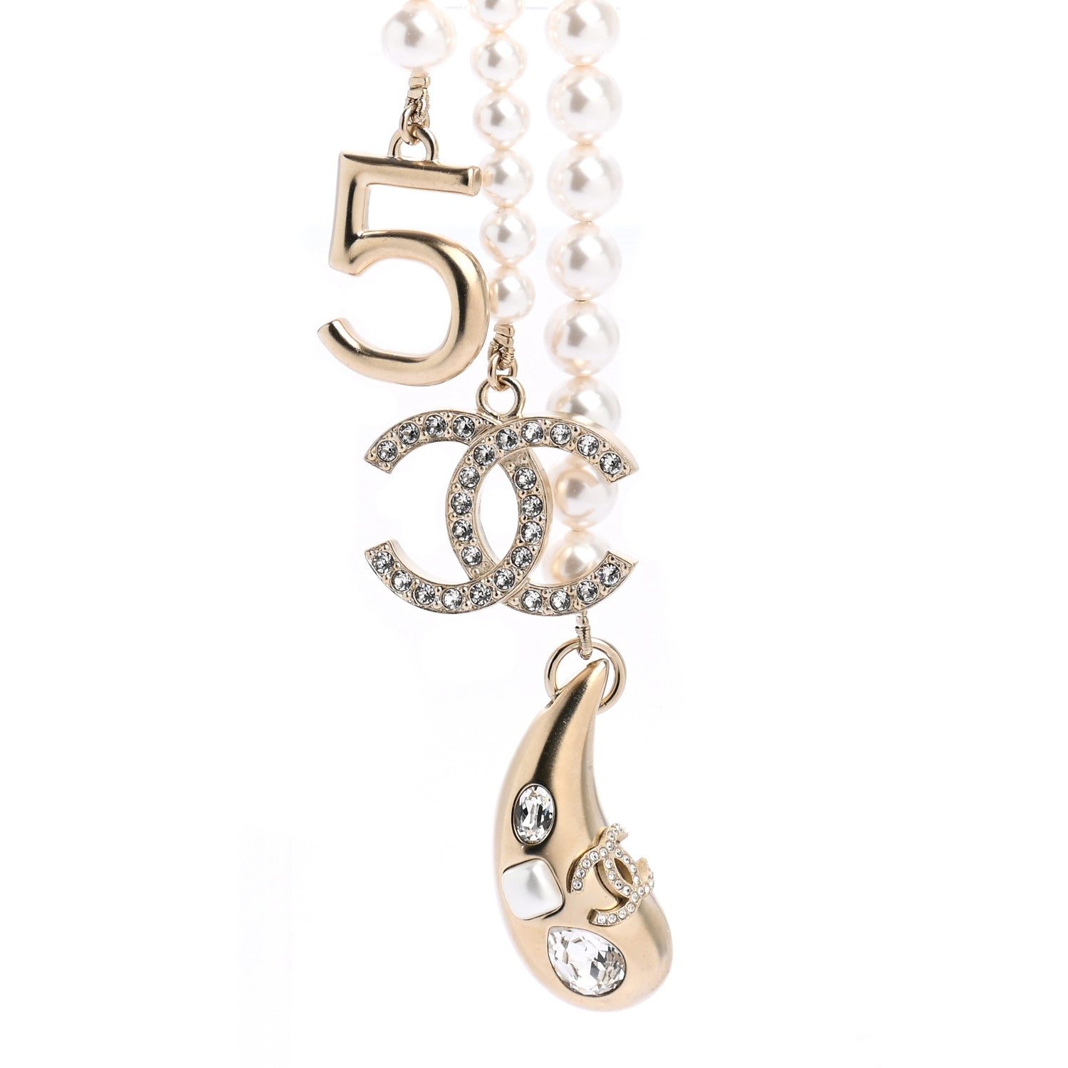 Chanel Pearl Beaded CC Charm Drop Multi Strand Lariat Necklace Pearly White Gold 4 of 7