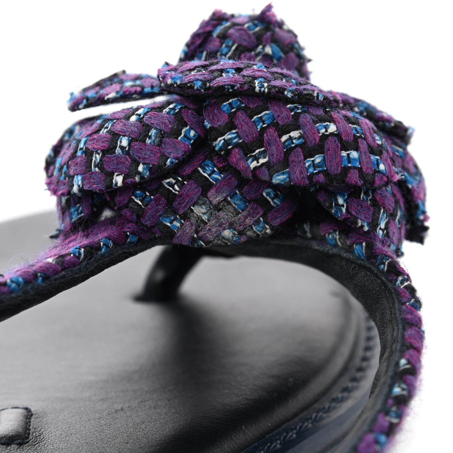 Chanel Tweed Quilted Camellia Thong Sandals 39 Purple Blue Black 8 of 10