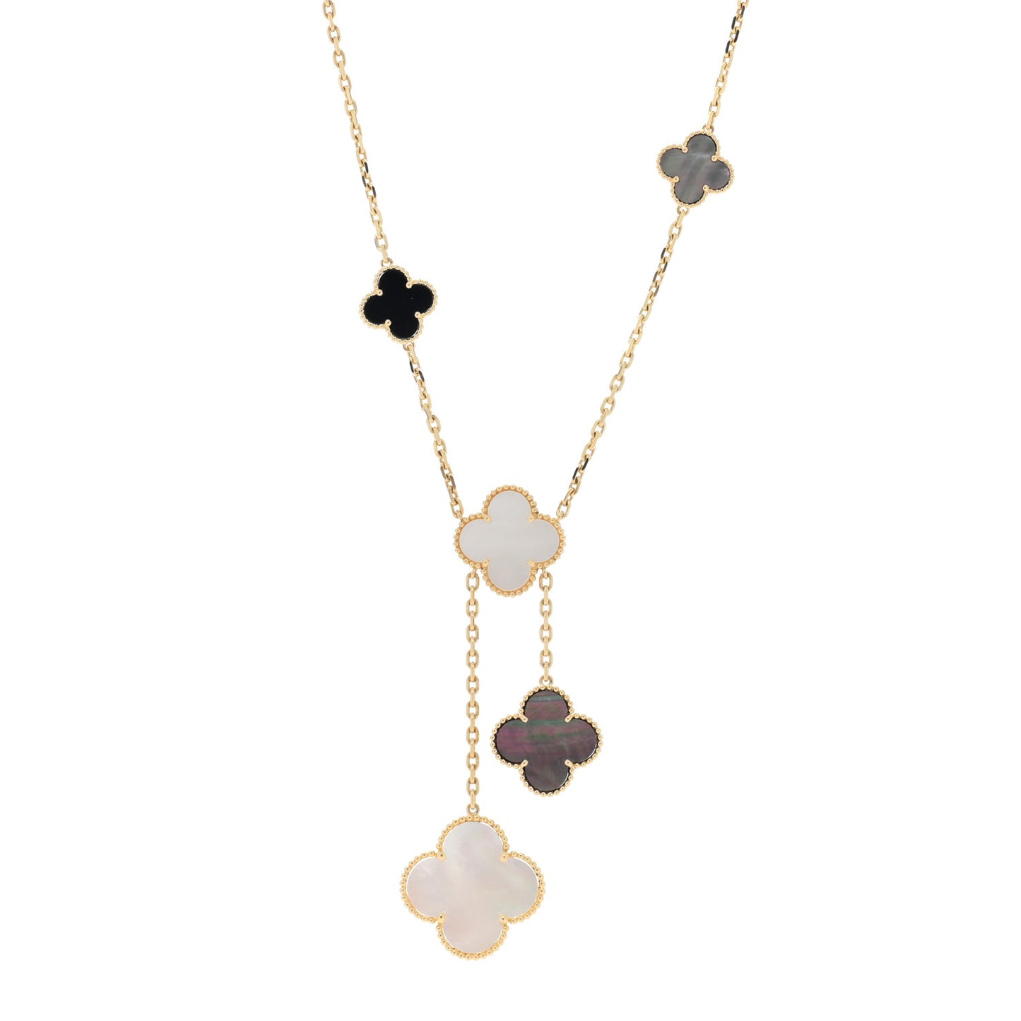 18K Yellow Gold Mother of Pearl Onyx 6 Motifs Magic Alhambra Necklace