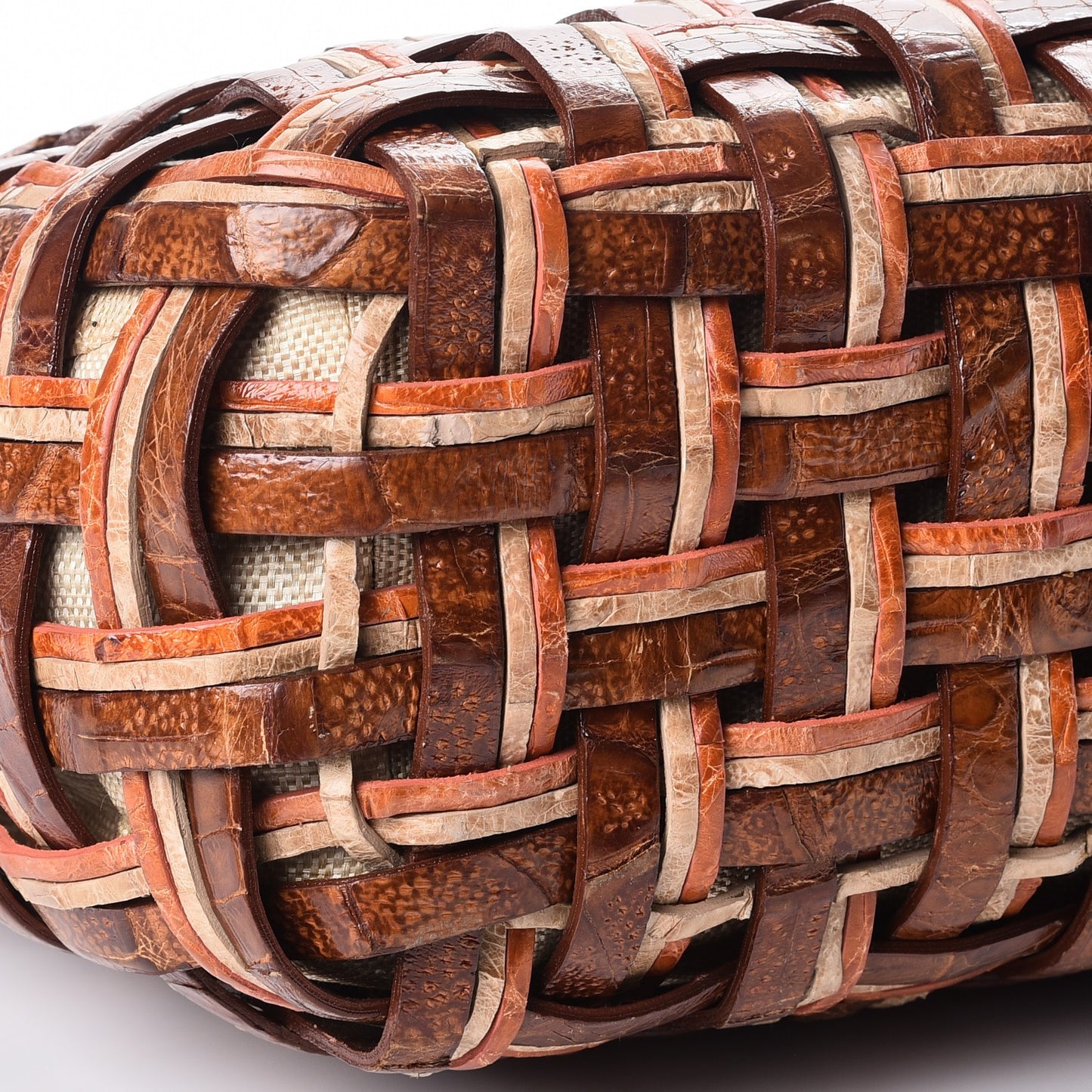 Crocodile Woven Top Handle Tote Orange Brown