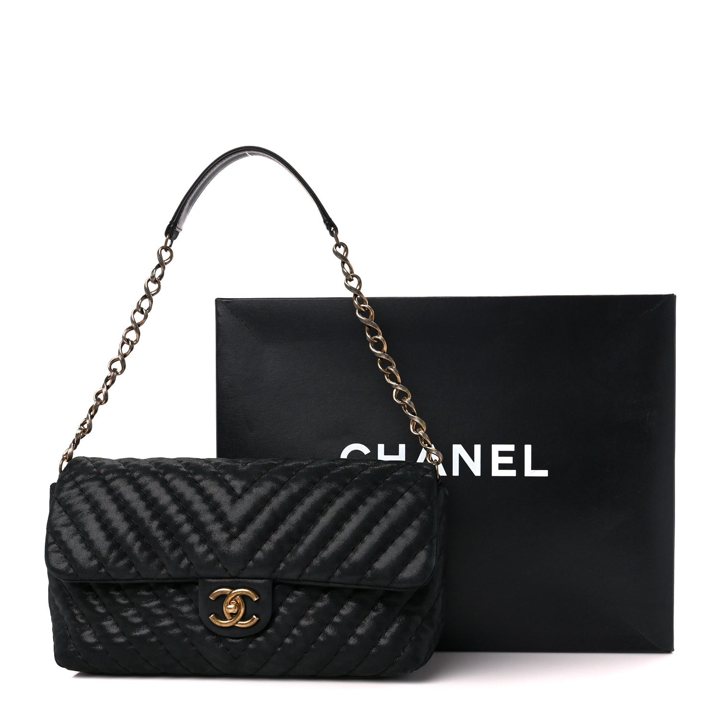Iridescent Calfskin Surpique Chevron Large Flap Black