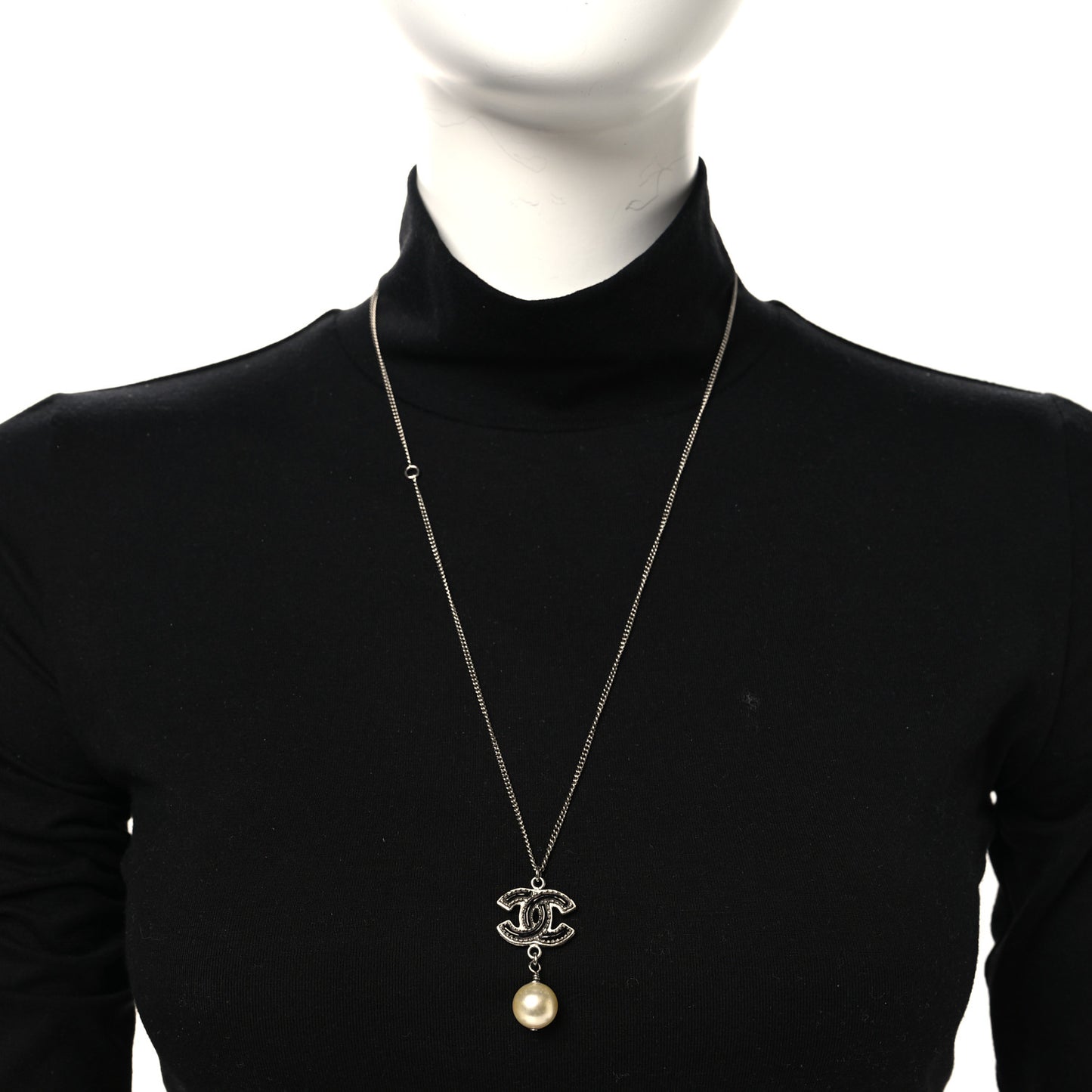 Pearl CC Drop Necklace Silver Black