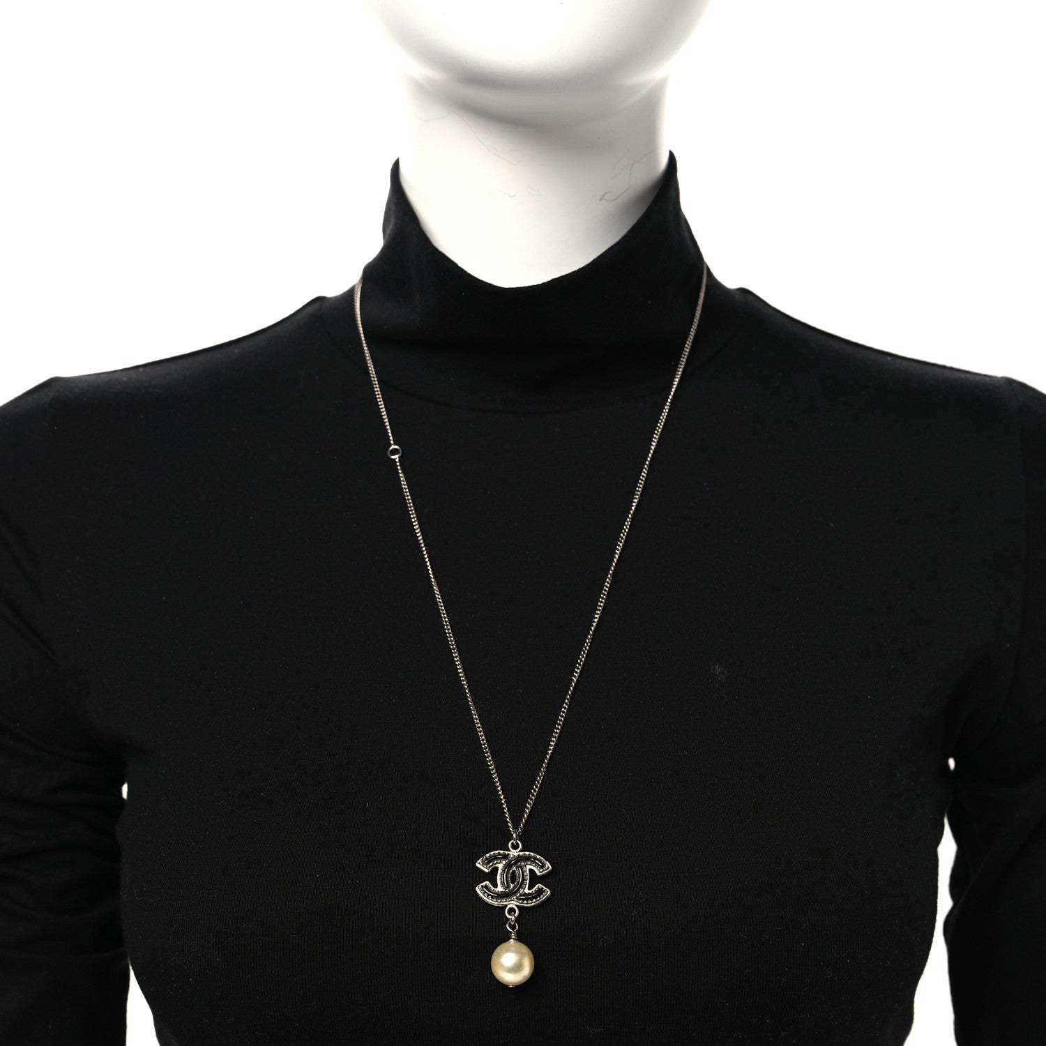Chanel Pearl CC Drop Necklace Silver Black 2 of 5