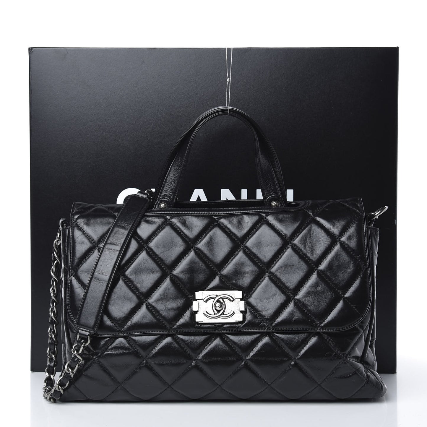 Glazed Calfskin Boy Satchel Flap Black