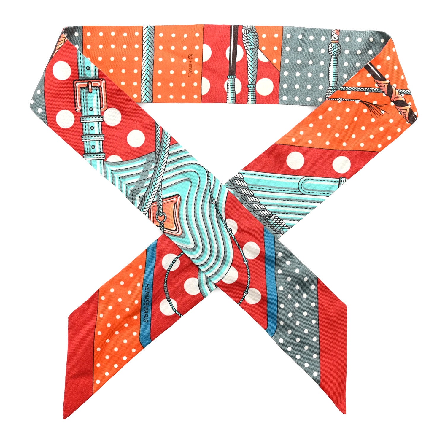 Hermes Silk Clic Clac a Pois Twilly Red Veil De Gris Orange 1 of 4