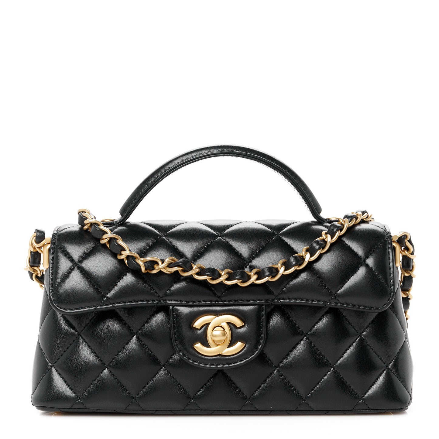 Lambskin Quilted Mini Flap Top Handle Bag Black