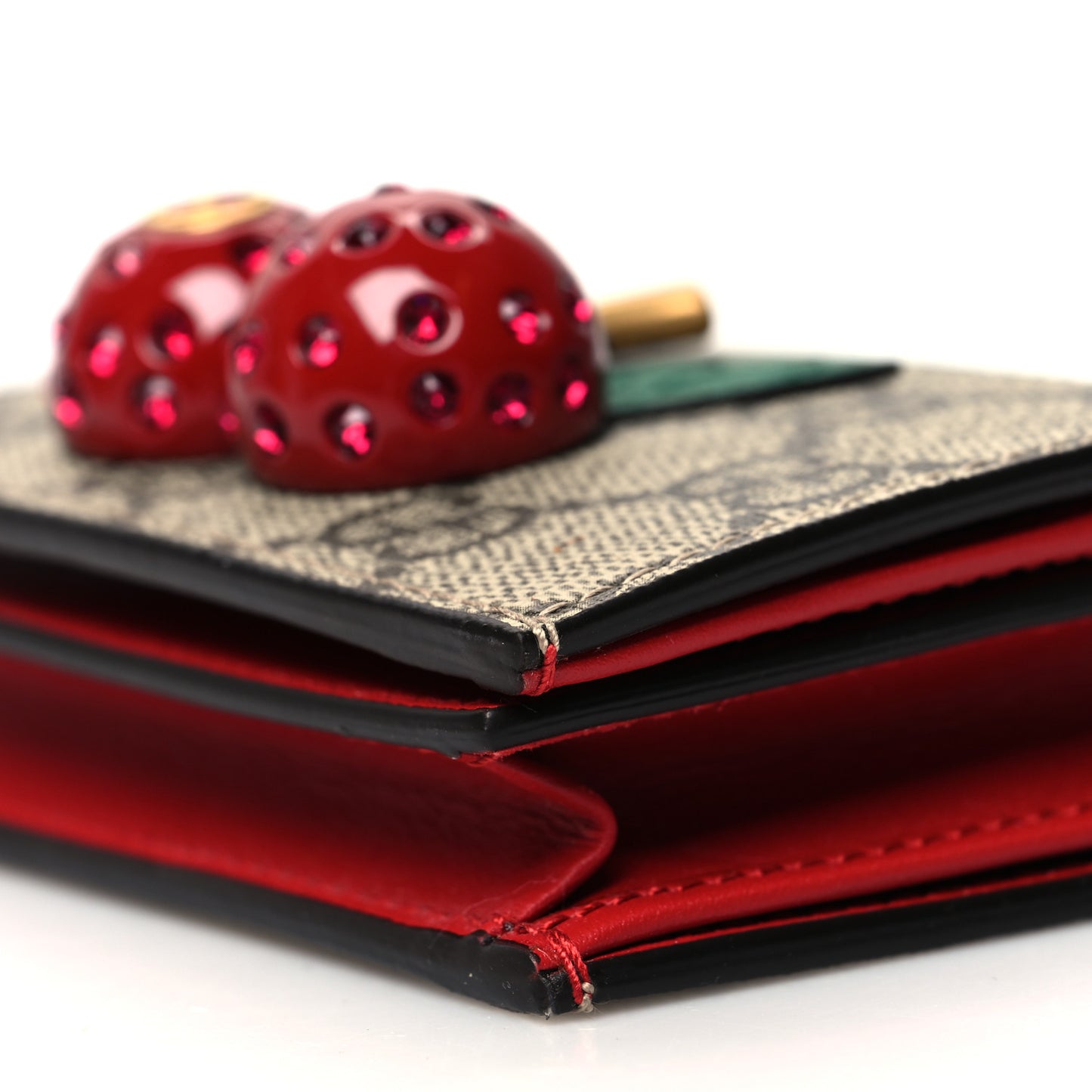 GG Supreme Monogram Cherry Embellished Card Case Wallet Hibiscus Red