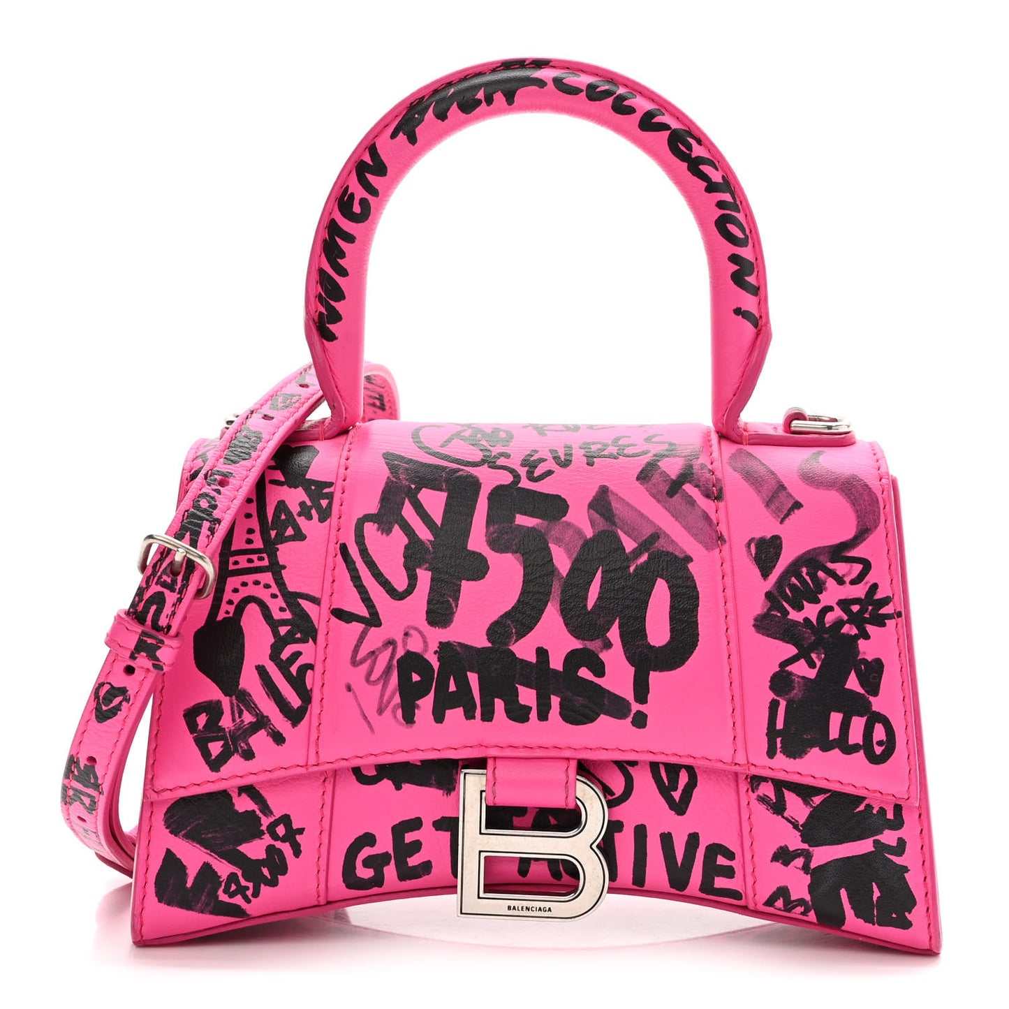 Smooth Calfskin Graffiti Hourglass Top Handle Bag XS Acid Fuchsia Black