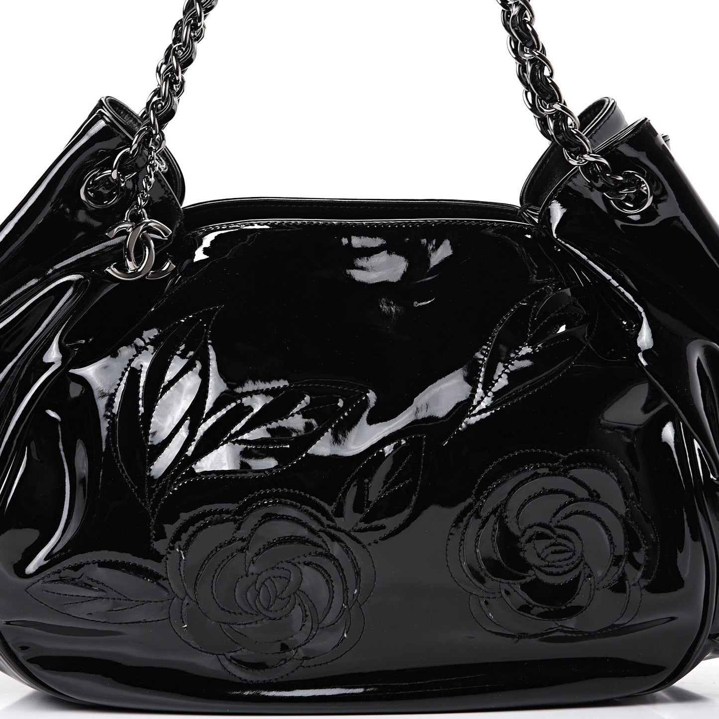 Patent Camellia Shoulder Bag Black
