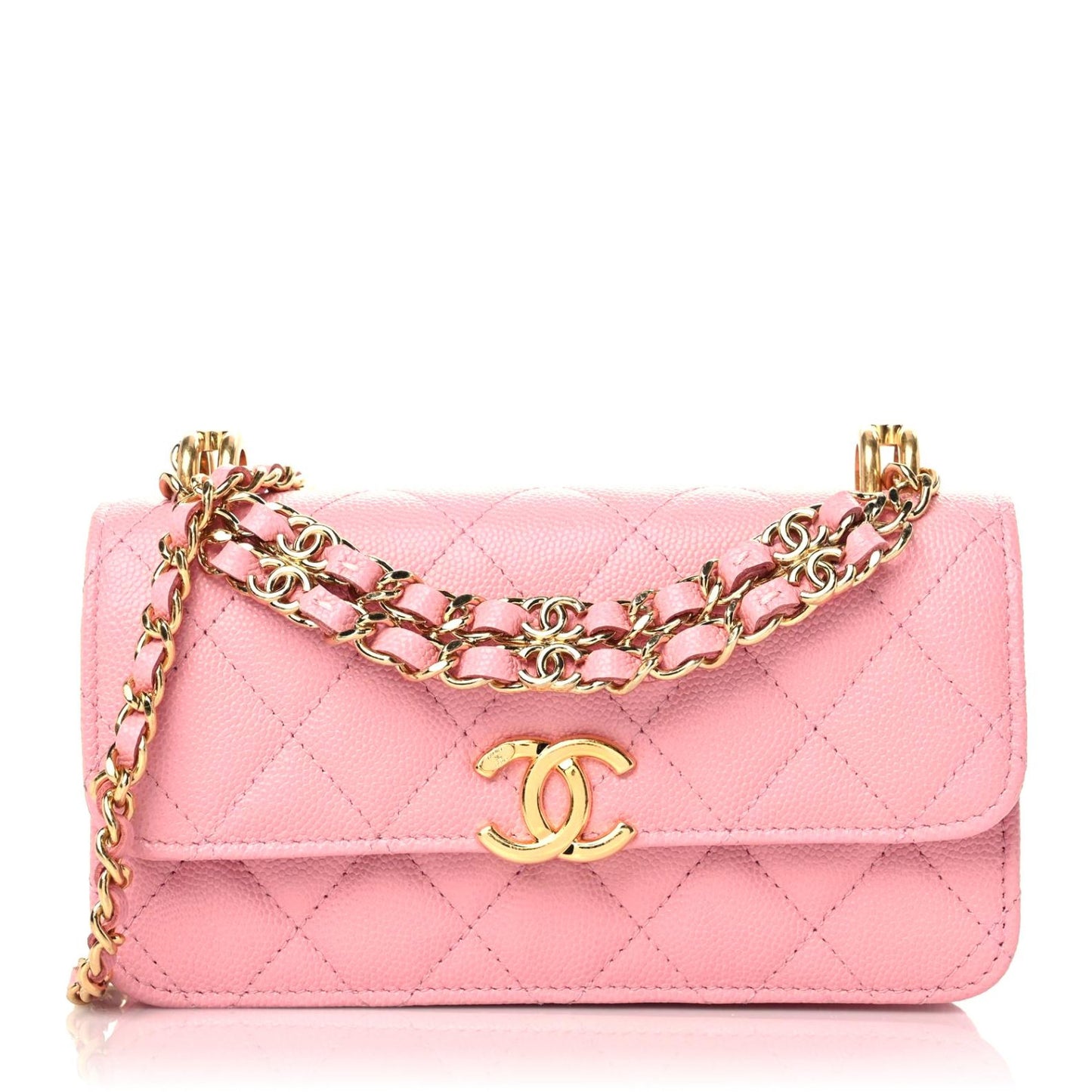 Caviar Quilted Flap Phone Holder With Chain Light Pink