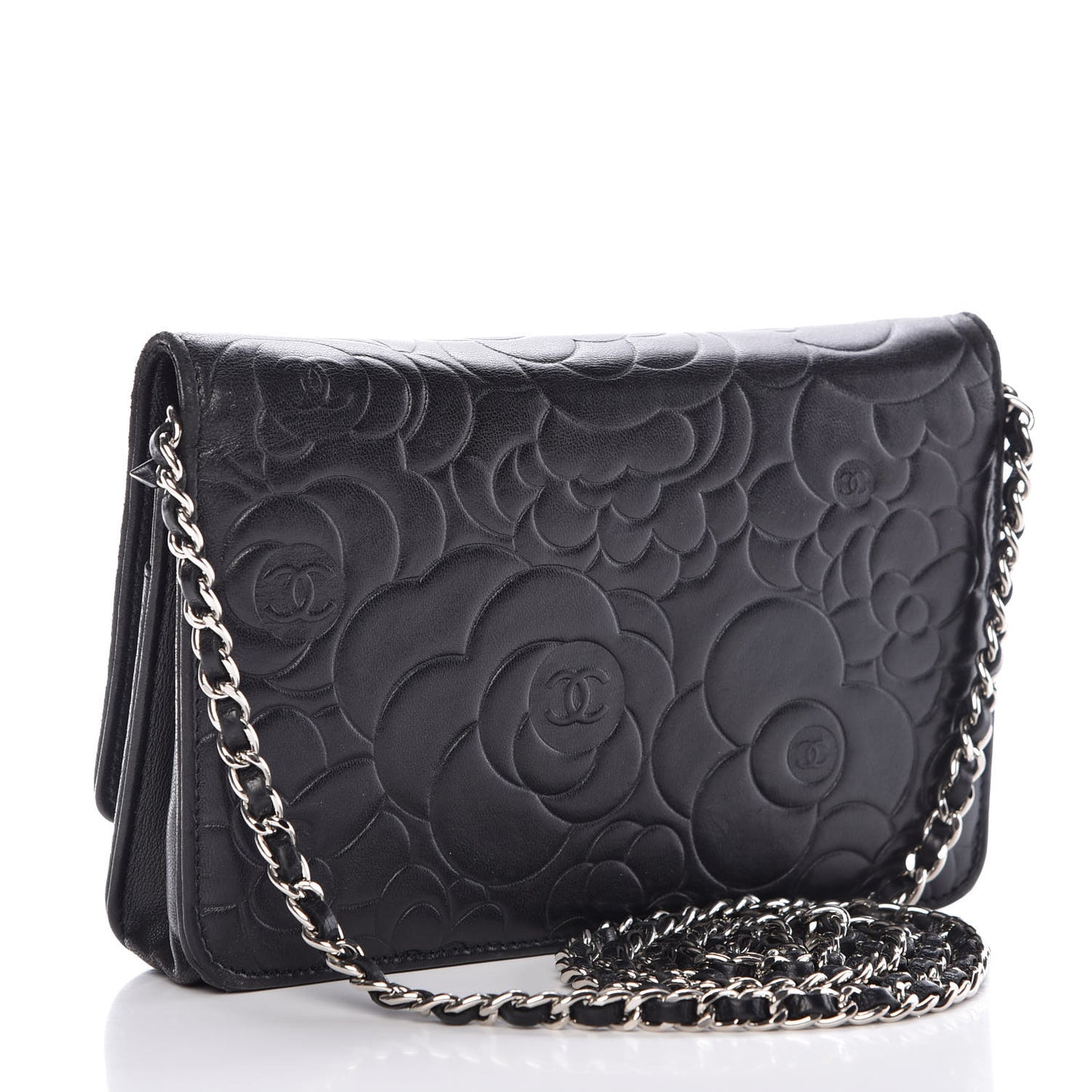 Lambskin Camellia Embossed Wallet on Chain WOC Black