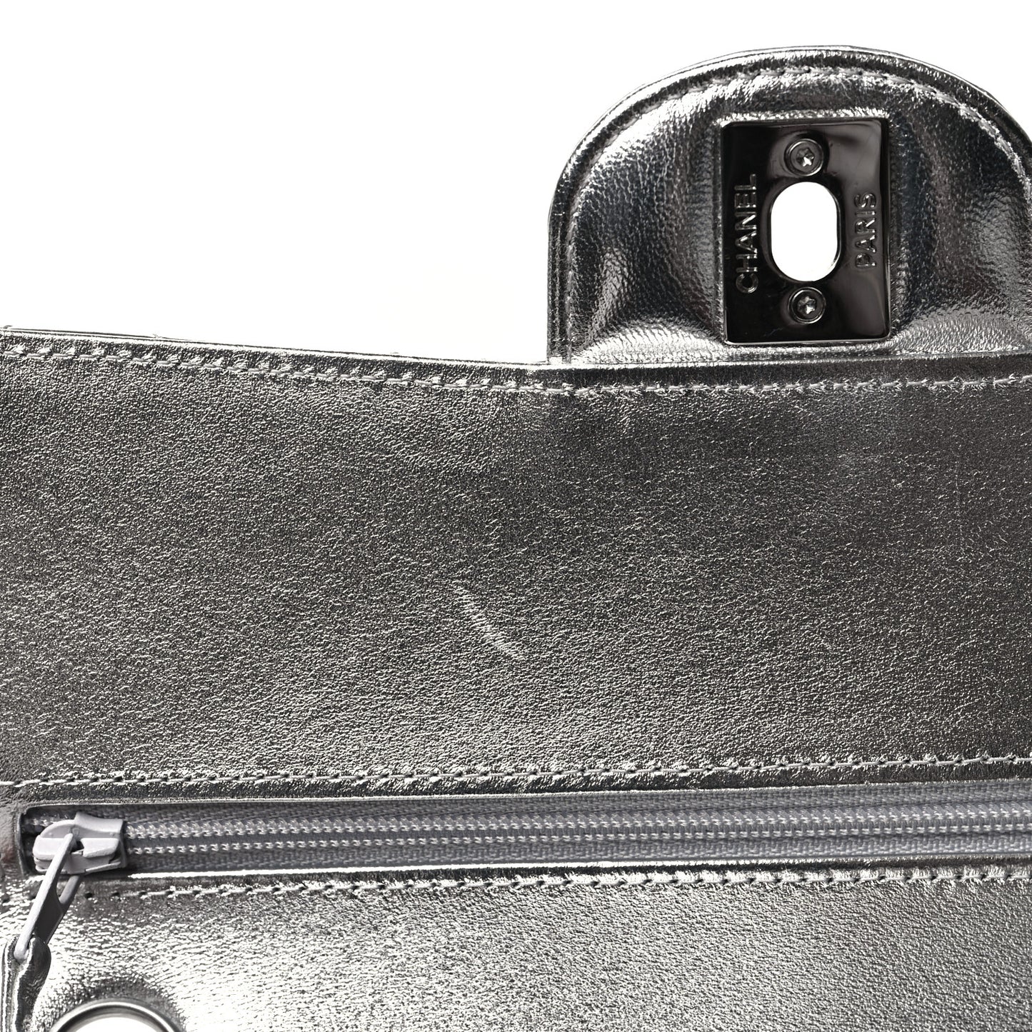 Hammered Metallic Calfskin Quilted Small Double Flap Silver