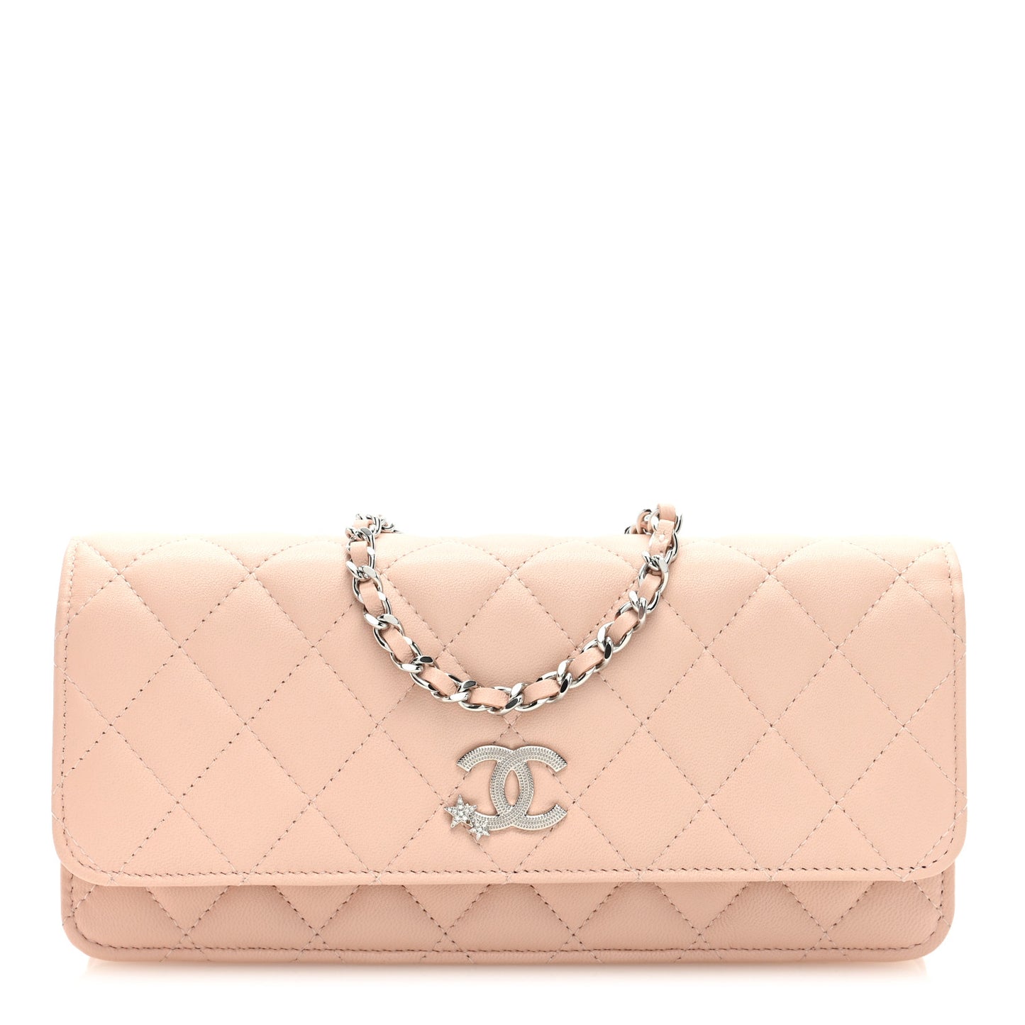 Lambskin Quilted Crystal Star Long Clutch With Chain Light Pink