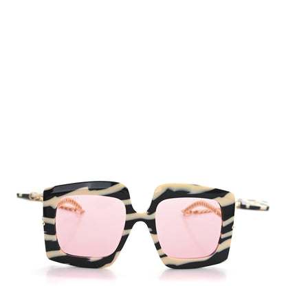 Gucci Acetate Zebra GG0722S Detachable Charm Oversized Frame Round Sunglasses Black White 2 of 7