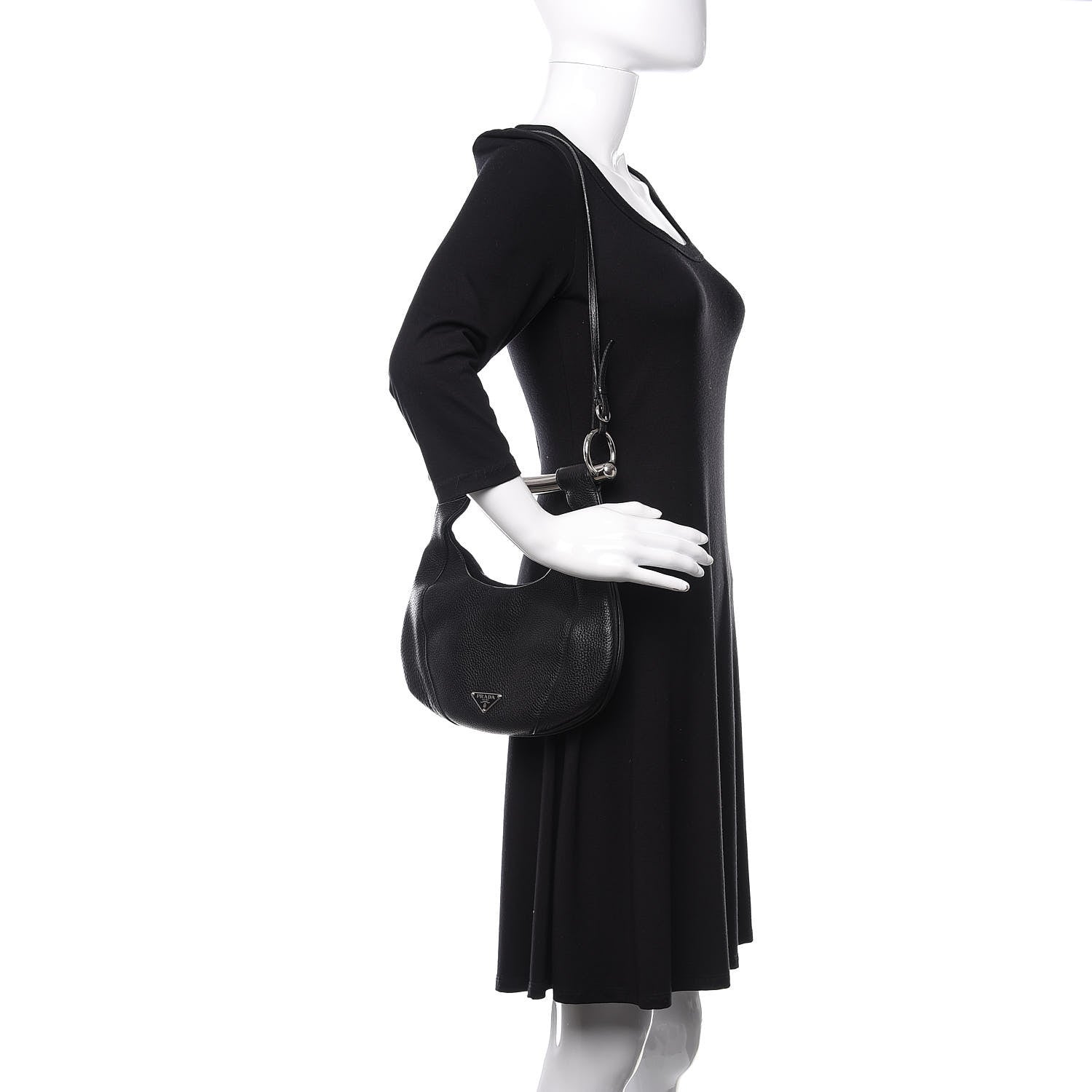 Prada Vitello Daino Metal Bar Top Handle Shoulder Bag Black 2 of 15