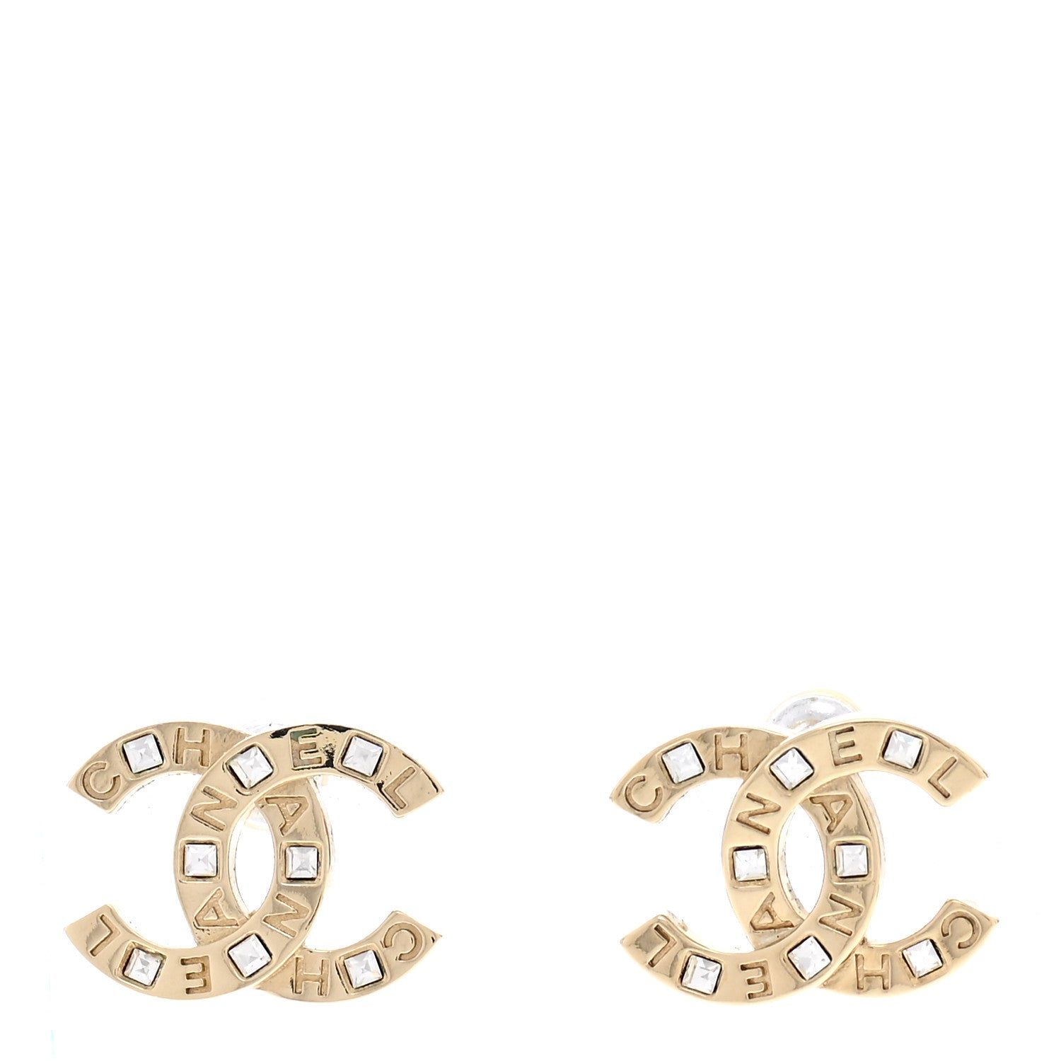 Chanel Crystal Metal CC Paris Button Stud Earrings Gold 1 of 5