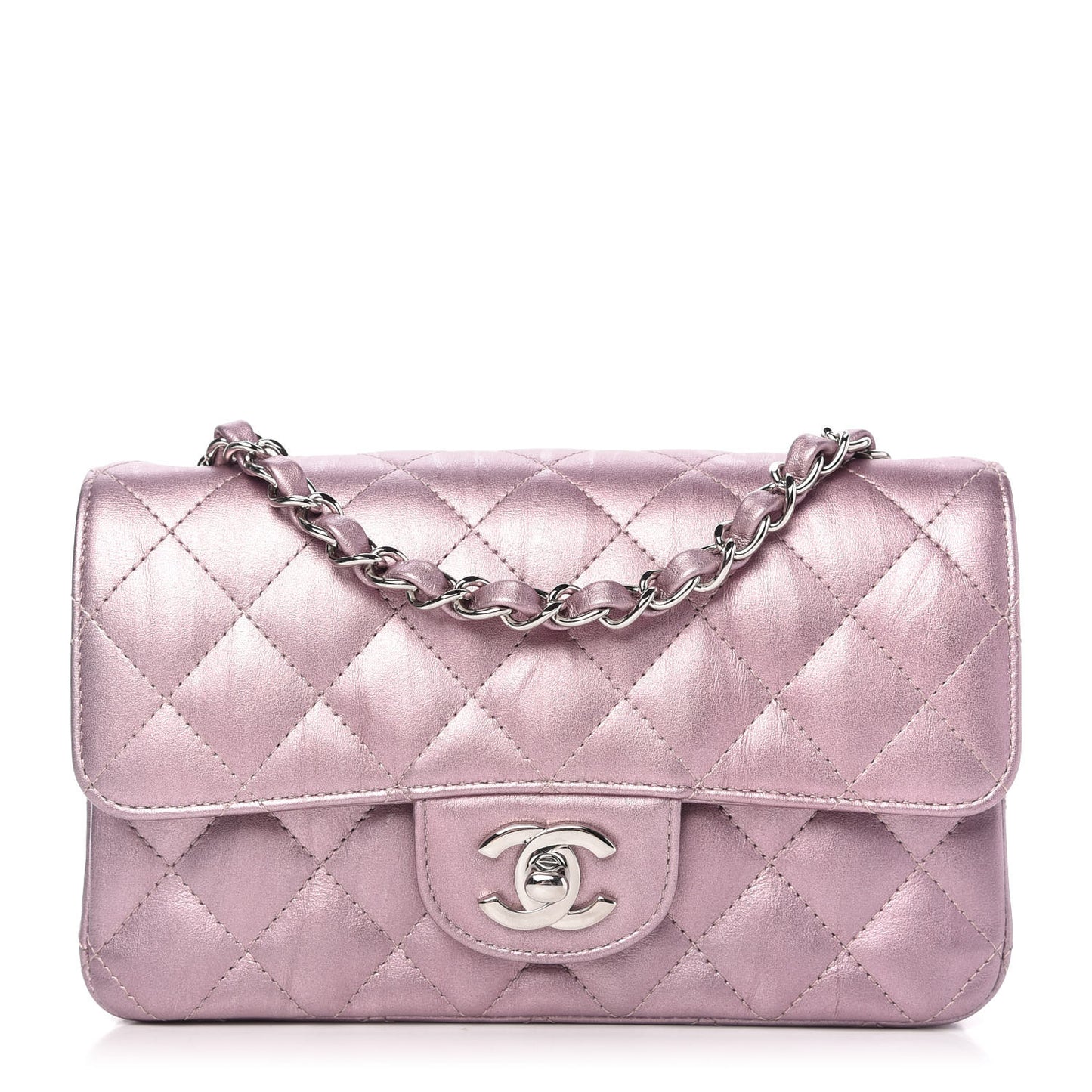 Metallic Calfskin Quilted Mini Rectangular Flap Pink