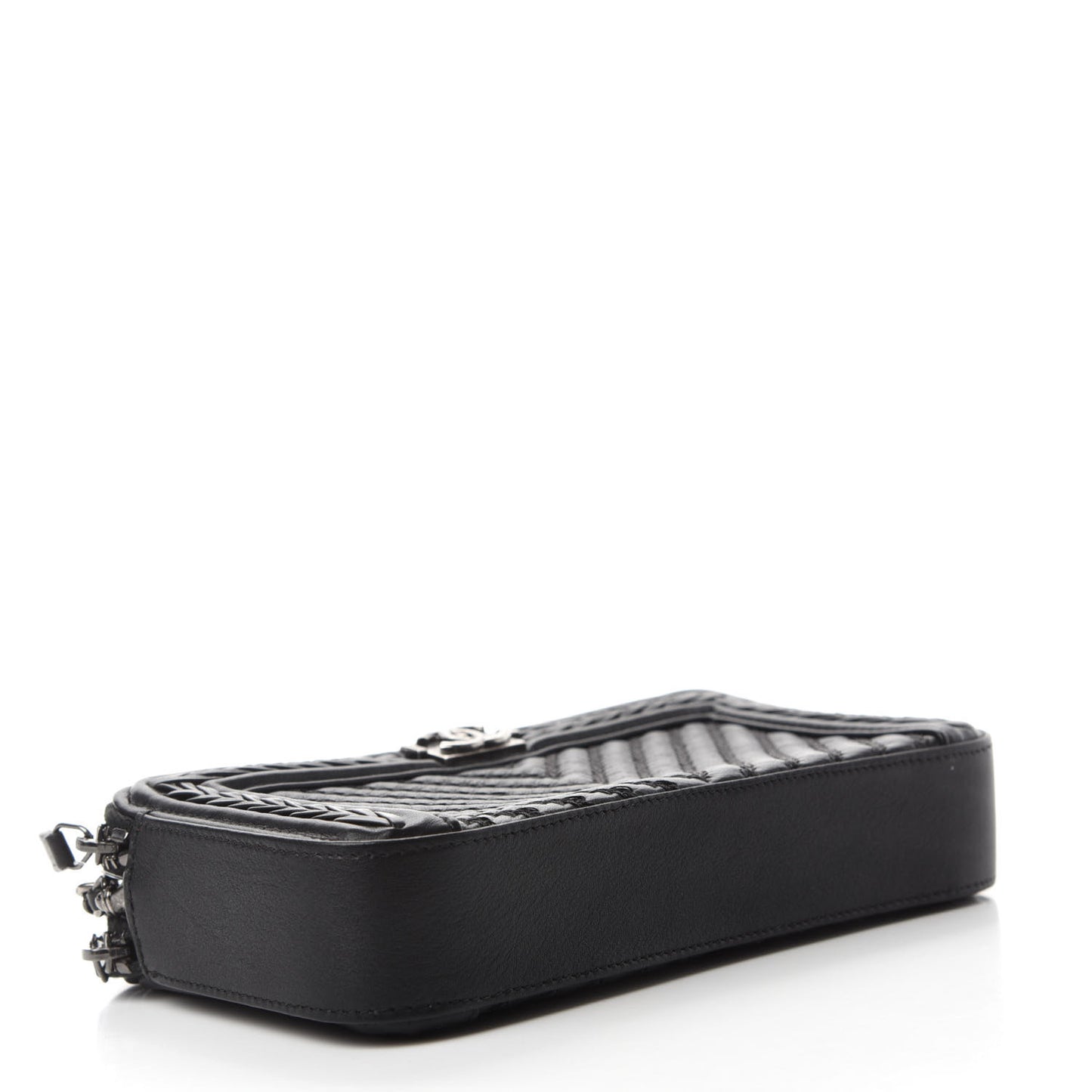 Calfskin Braided Chevron Quilted Small Boy Clutch With Chain Black