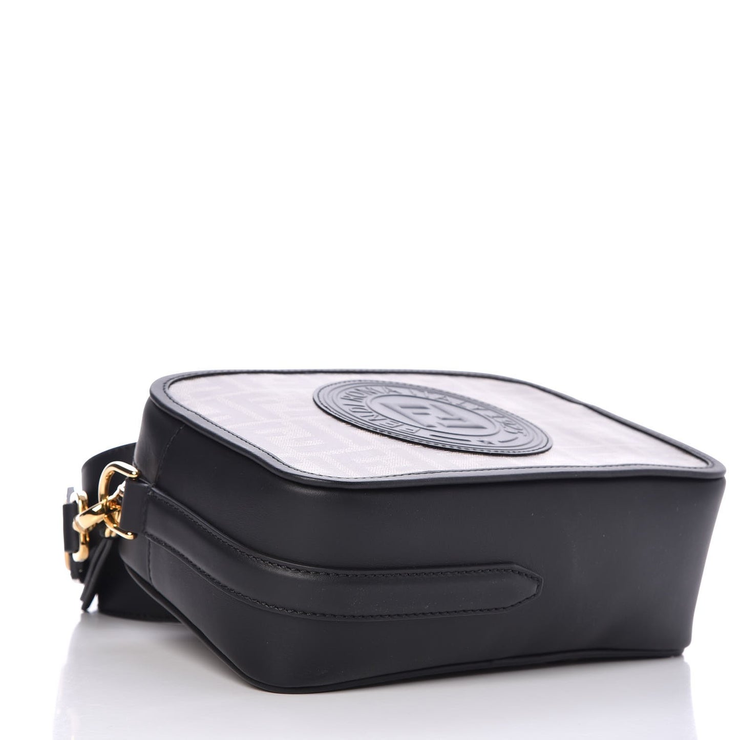 Glazed Fabric Vitello Century F is Fendi FF 1974 Stamp Patch Camera Case Mogano Panna Black